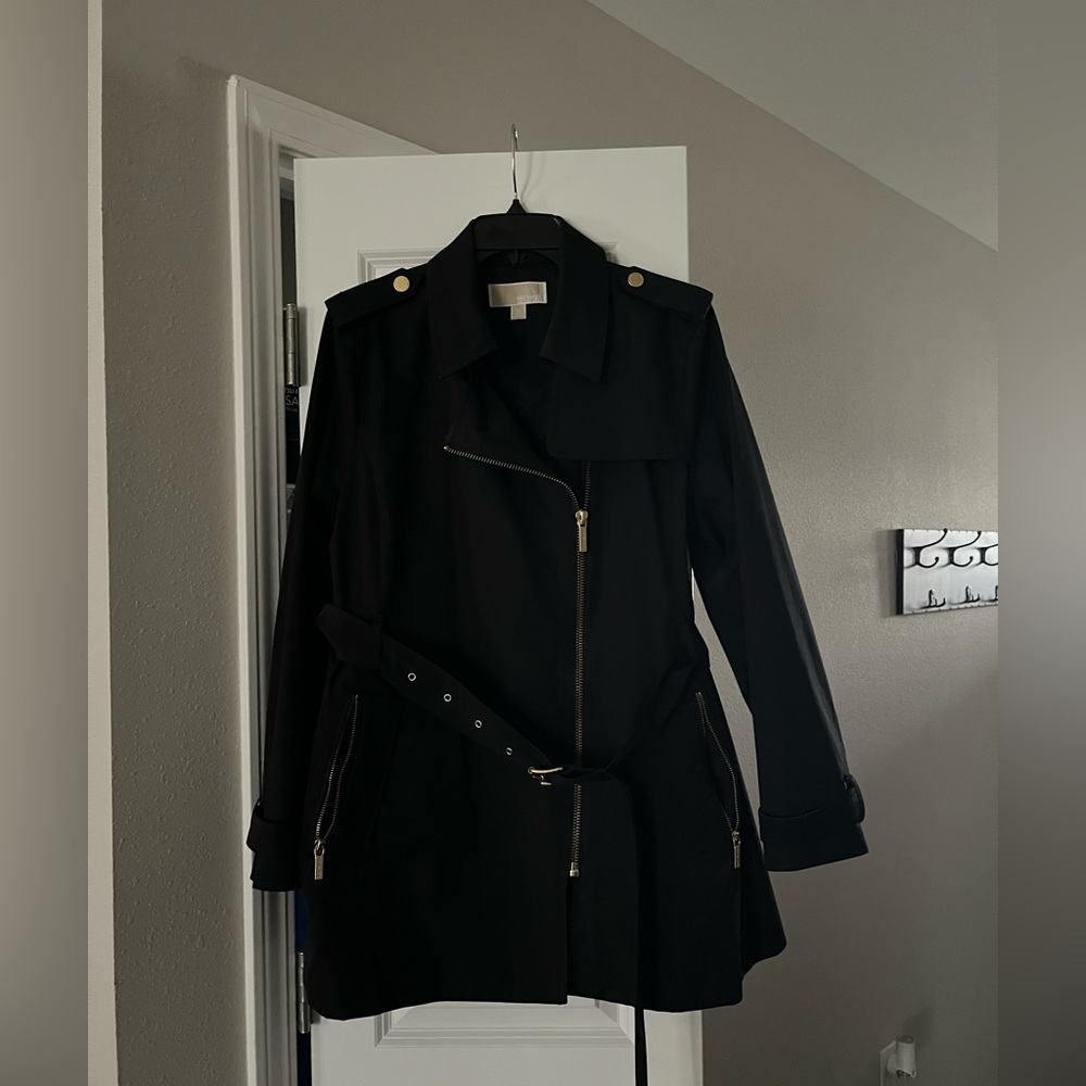 Michael Kors Black Trench Coat with Gold Details